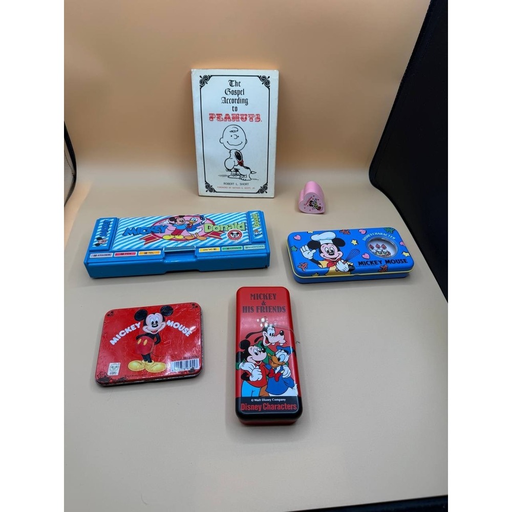 Vintage The Gospel According To Peanuts 1965 & Lot Of 5 Mickey Mouse Pencil Case